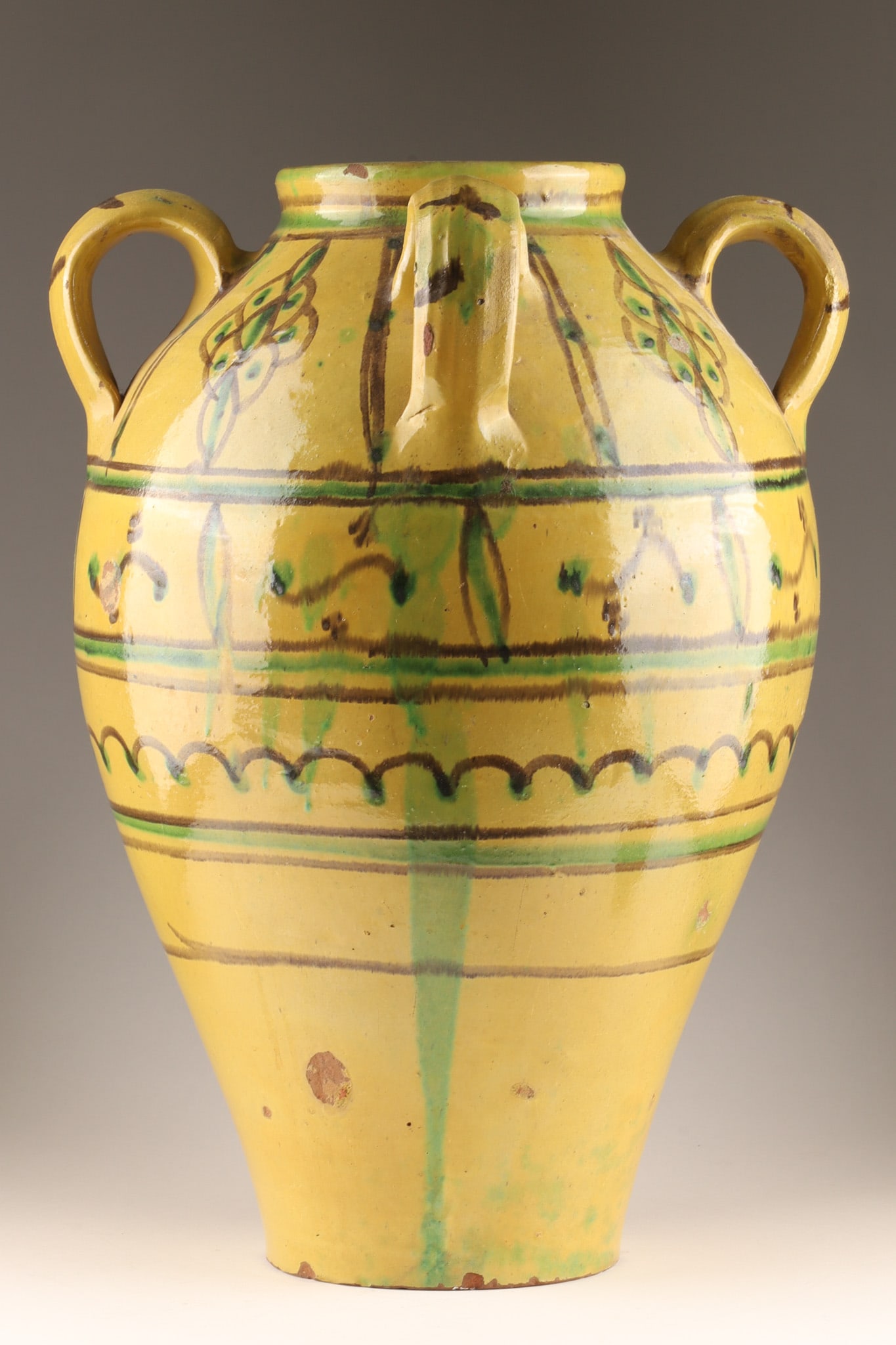 Antique 19th C Mediterranean Glazed Terracotta Storage Jar Amphora: Antique 19th-century Mediterranean glazed terracotta storage vessel. Standing 17 inches tall, this substantial earthenware jar features a distinctive four-handle configuration, with sturdy loop handle