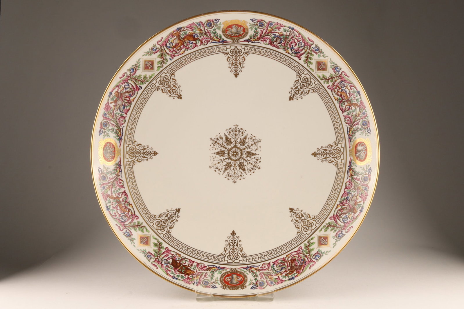 Large Sevres Porcelain Platter, Louis-Philippe Royal Hunting Service Design: A large Sevres porcelain platter in the historic royal hunting service (le service de chasse) style, originally commissioned by King Louis-Philippe for the Chateau de Fontainebleau. Features an 