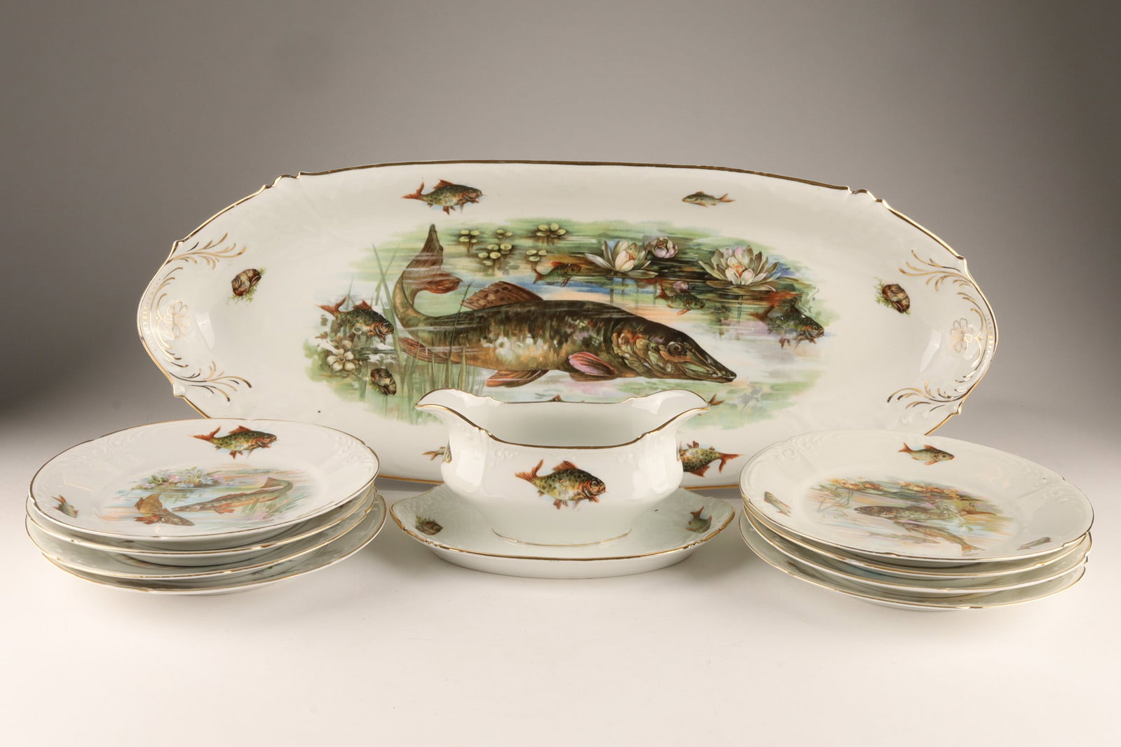 Joseph Schachtel (J.S.) Germany Porcelain Fish Service Set, C.1890s (1 of 9)