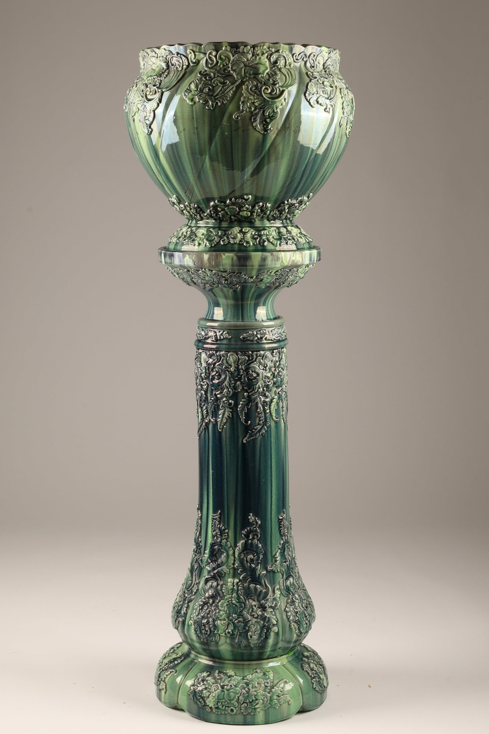 Antique Green Glazed Majolica Jardiniere and Pedestal Stand Circa 1900 (1 of 13)