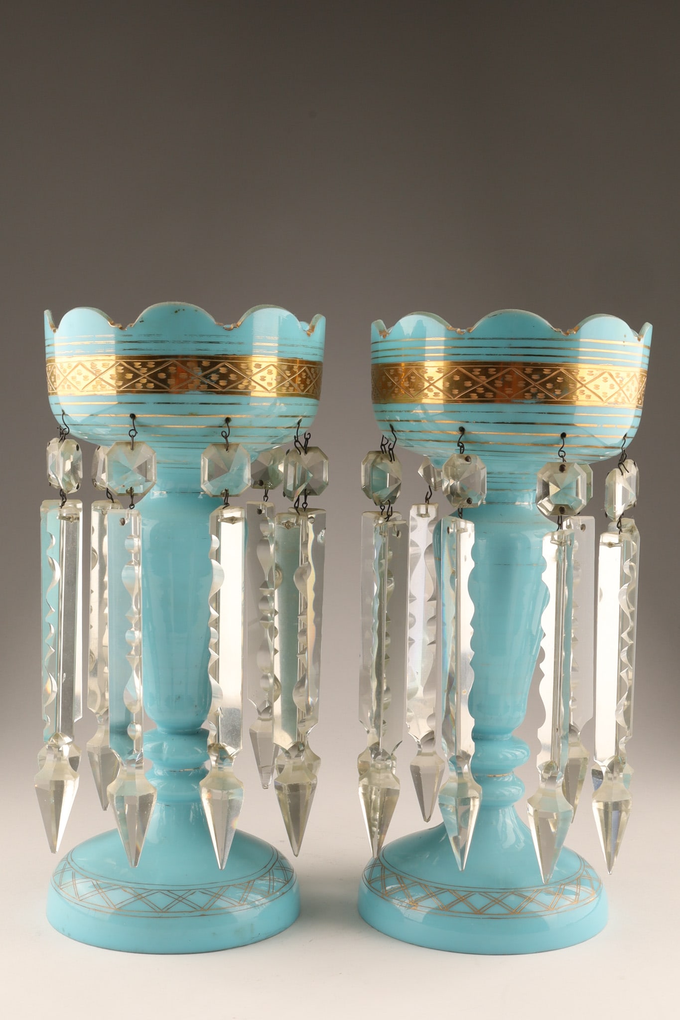 Antique Victorian Blue Opaline Glass Mantel Lusters with Prisms (1 of 8)
