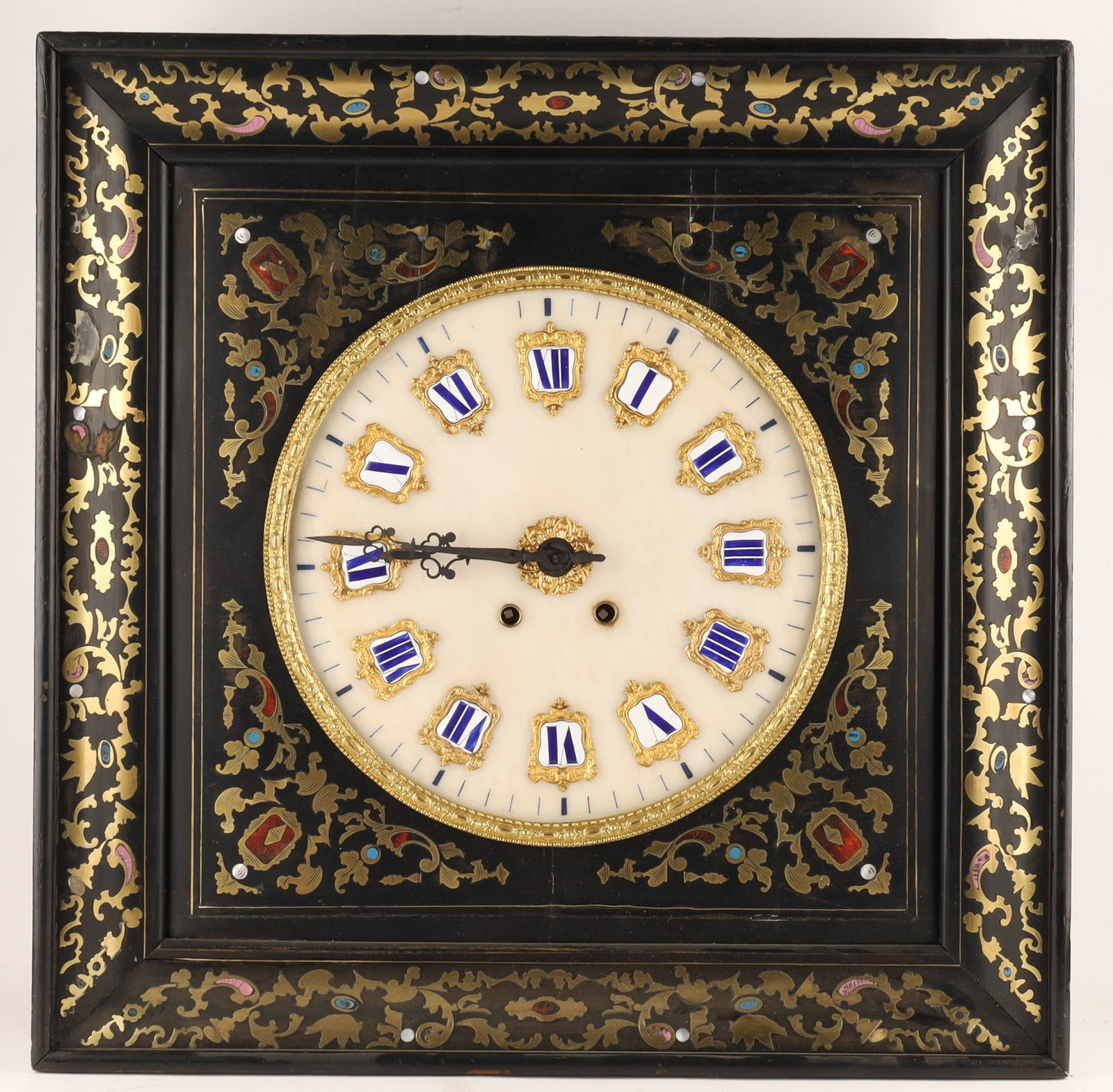 Antique 19th C. French Napoleon III Ebonized and Brass-Inlaid Boulle Style Wall Clock: A late 19th-century French Napoleon III period "Oeil de Boeuf" (Bull's Eye) or vineyard-style square wall clock. The square, ebonized wood case features an elaborately contoured profile acce