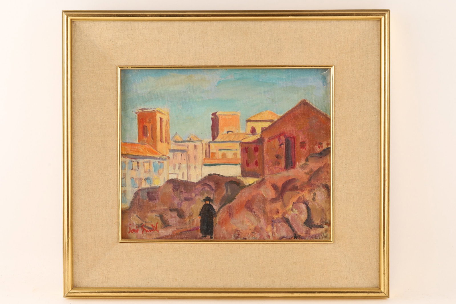Jori (Marjorie) Smith (Canadian, 1907-2005) Colourful Cityscape Oil on Board: Jori (Marjorie) Smith (Canadian, 1907-2005) Colourful Cityscape Oil on Board. Signed in red lower left, depicting a figure all in black in the foreground with a colourful urban skyline in the backgrou