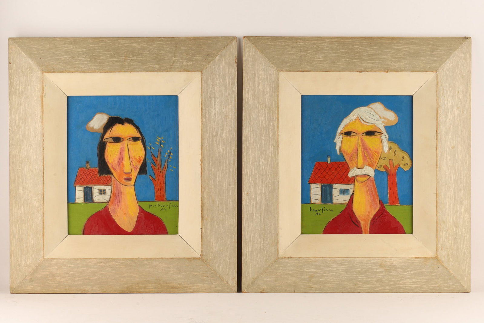 Paul-Vanier Beaulieu, (Canadian, 1910-1996) MCM Companion Portraits of a Woman and Man: Paul-Vanier Beaulieu, (Canadian, 1910-1996) A Companion Pair of Mid Century Portraits, one of a Woman and one of a Man painted on Oil on board. Painted in the Quebec Modernist-primitive style in brigh