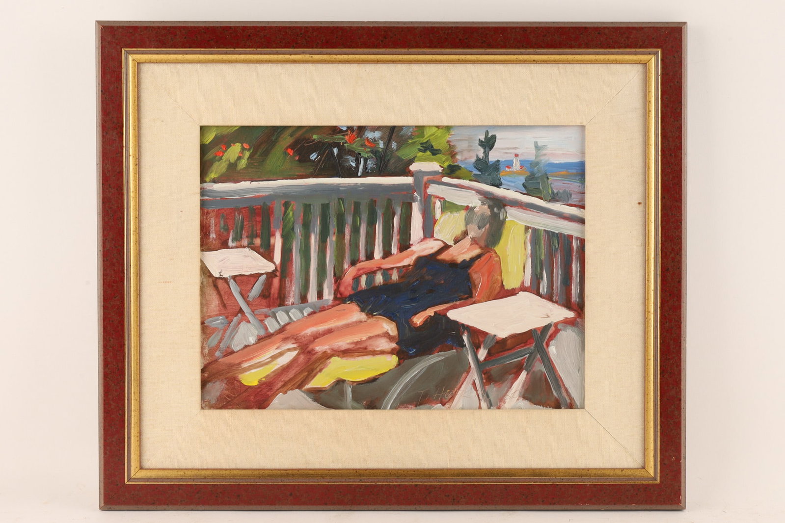 Tom Hopkins (Canadian, 1944-2011) Oil on Board, Reclining Female Figure: Tom Hopkins (Canadian, 1944-2011) Oil on Board, Reclining Female Figure depicting a relaxed, intimate backyard or veranda scene, featuring a figure resting on a sunlounger flanked by side tables. Sign