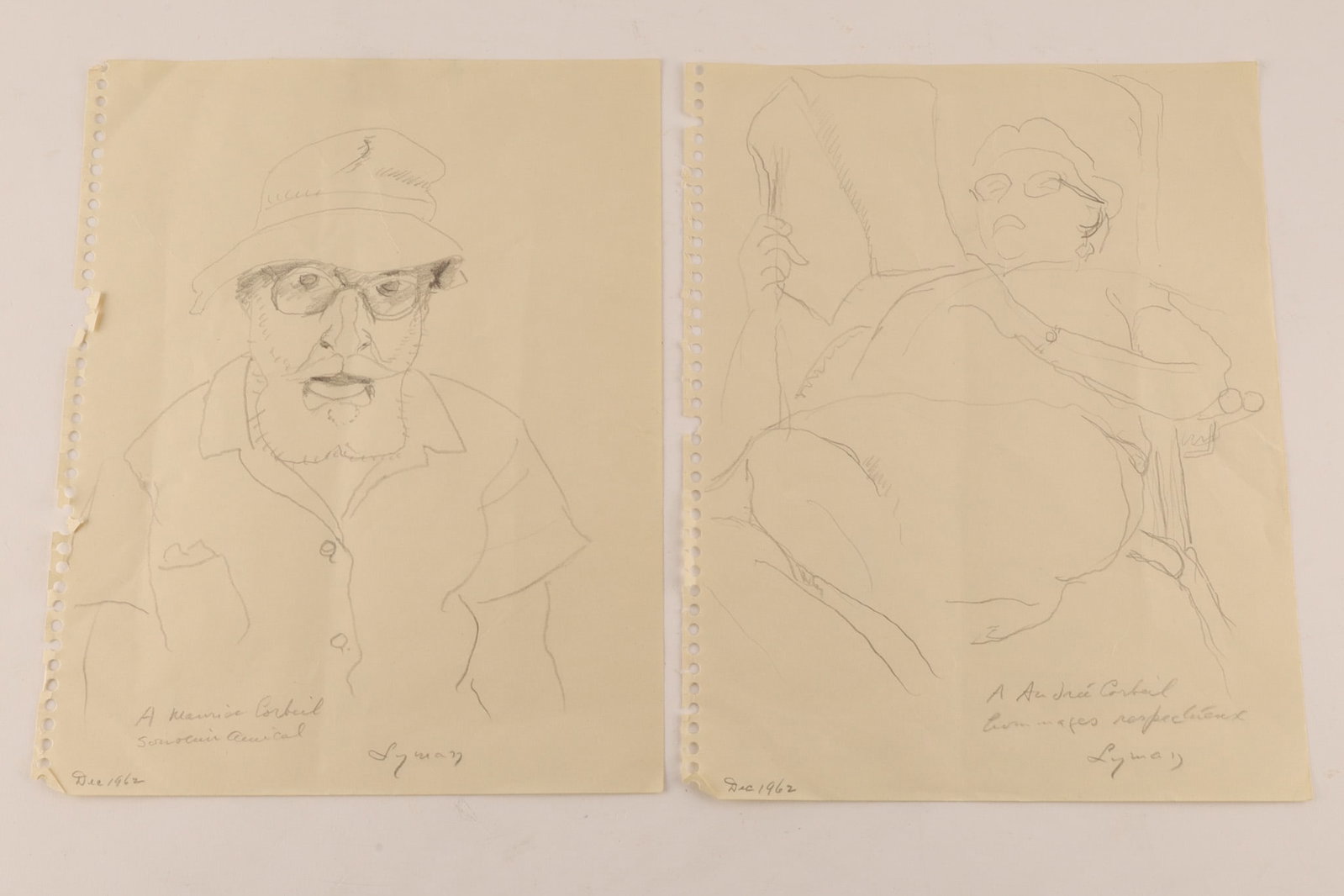 John Goodwin Lyman Pencil Sketches Maurice and Andree Corbeil 1962: John Goodwin Lyman (Canada, 1886 - 1967) a pair of pencil sketches on paper taken from a sketch book of famous Montreal Canadian patrons of the arts Maurice and Andree Corbeil, both dedicated to the s