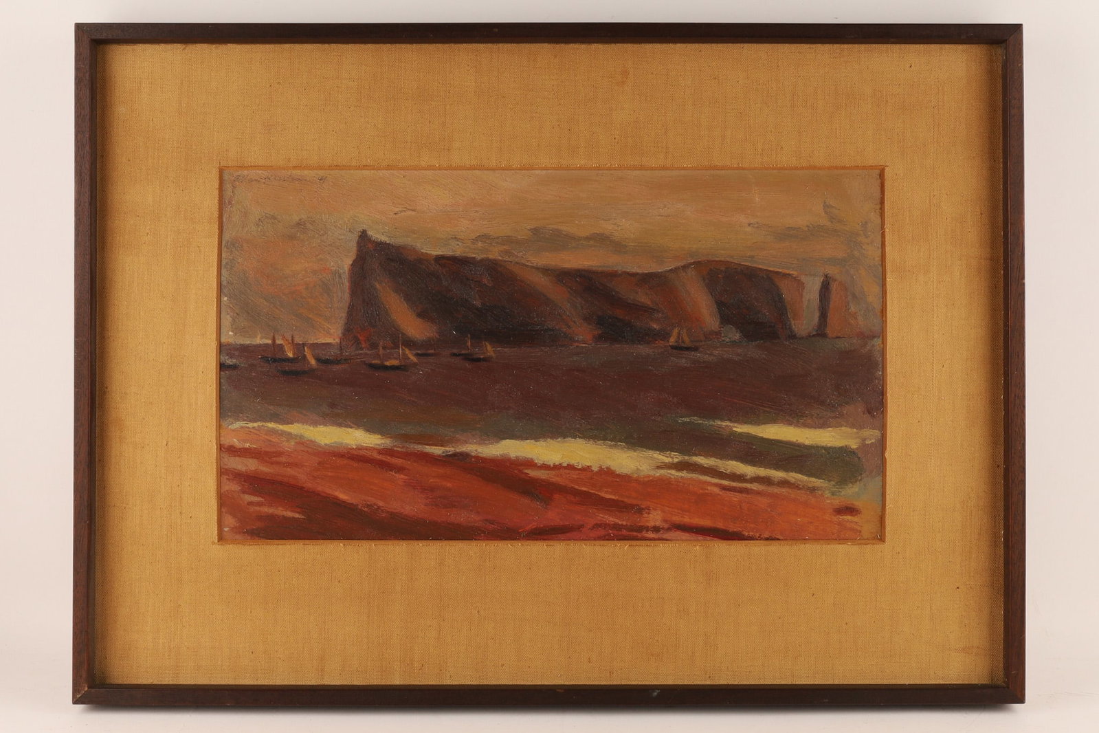 Allan Harrison (Canada, 1911 - 1988) Oil On Board Perce Rock 1941: Allan Harrison (1911 - 1988) Canada, oil on board painting of the famous Perce Rock located in the Gulf of Saint Lawrence on the tip of the Gaspe Peninsula in Quebec, with sailboats, signed and dated 