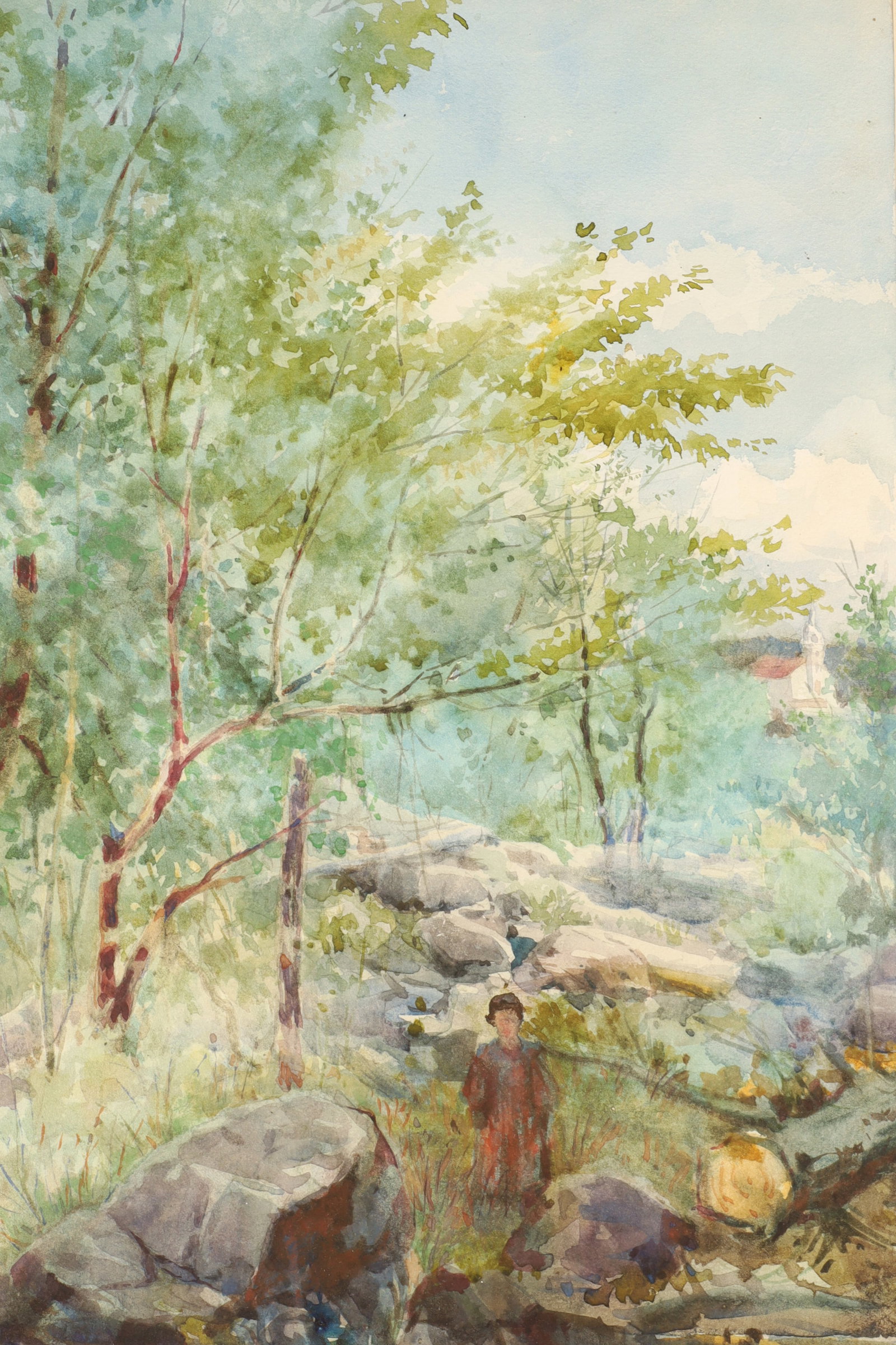Henri Julien Canada Watercolor Brook Church Scene Provenance: Henri Julien (Canada, 1852 - 1908) watercolour on paper painting of a water brook scene with a church in the background and a person in the foreground, signed lower left H. Julien, also stamped on rev