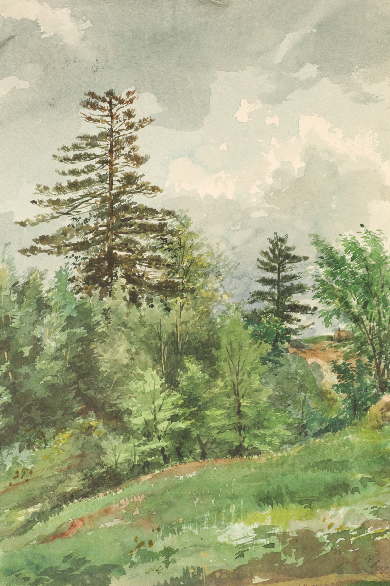 Henri Julien Canada Watercolor Mountain Scene Laurentians: Henri Julien (Canada, 1852 - 1908), watercolour on paper painting of a mountain scene with cloud sky, possibly Laurentian Mountains, signed lower right left H. Julien, also stamped on reverse Propriet