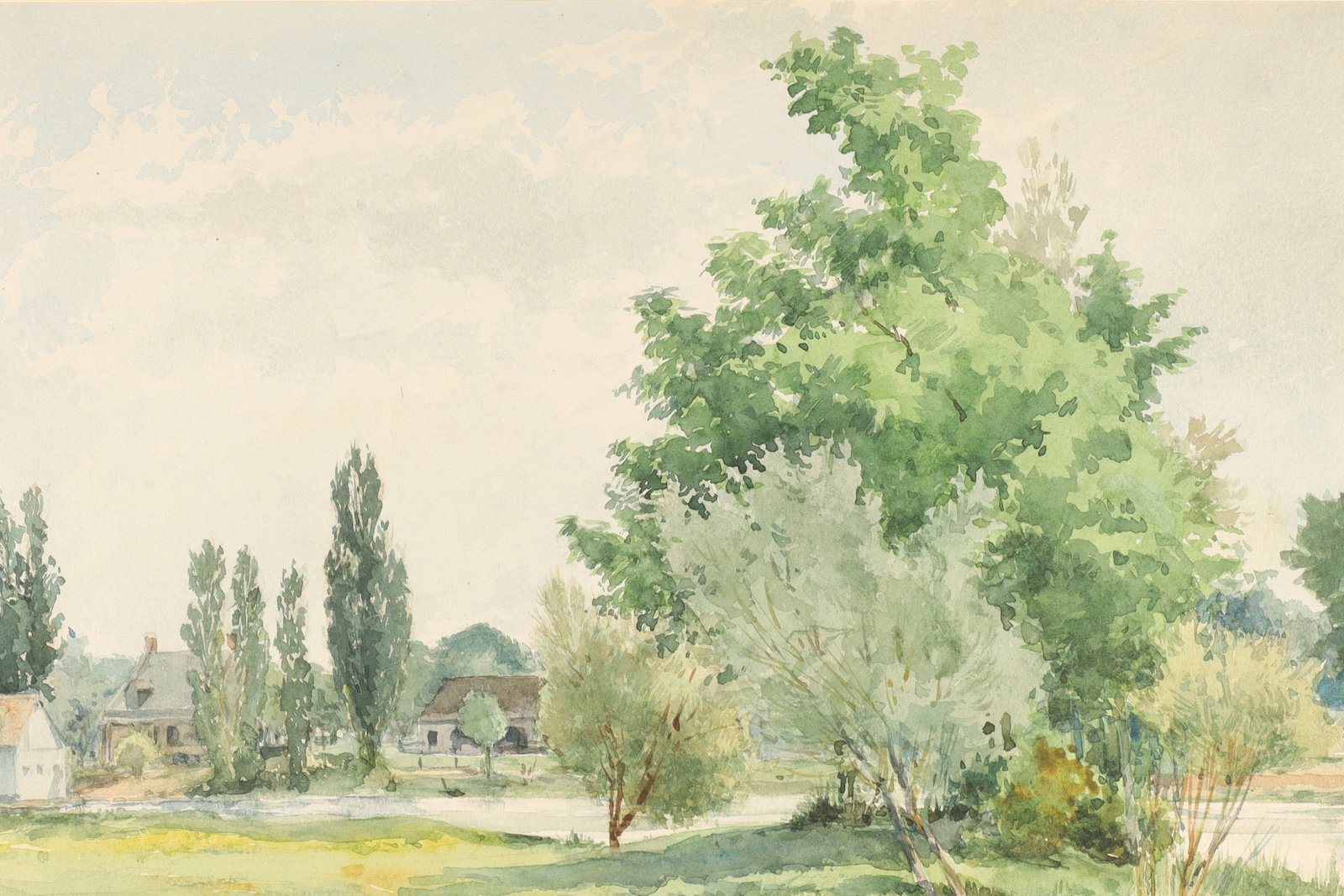 Henri Julien Canada Watercolor Country Houses and Boat Provenance: Henri Julien (Canada, 1852 - 1908) watercolour on paper painting of a countryside scene showing old houses and a boat, signed lower left H. Julien, also stamped on reverse Propriete De Jeanne Julien, 