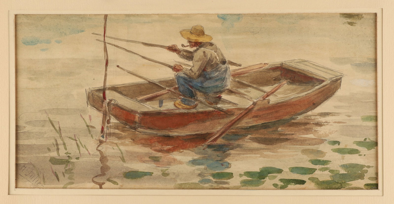 Henri Julien Canada Watercolor Country Fisherman Provenance Stamp: Henri Julien (Canada, 1852 - 1908) watercolour and pencil on paper painting of a country fisherman on a lake, signed lower left H. Julien, also stamped lower right Collection Jeanne Julien Certifie Or