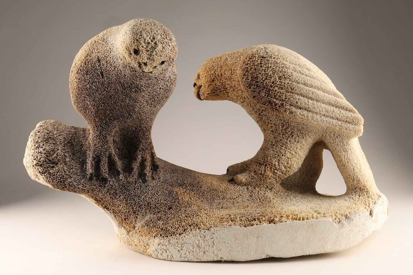 Dave Ipirq Evvala (Nunavut , b. 1923) Inuit Petrified Whale Bone Carving of Two Birds (1 of 12)