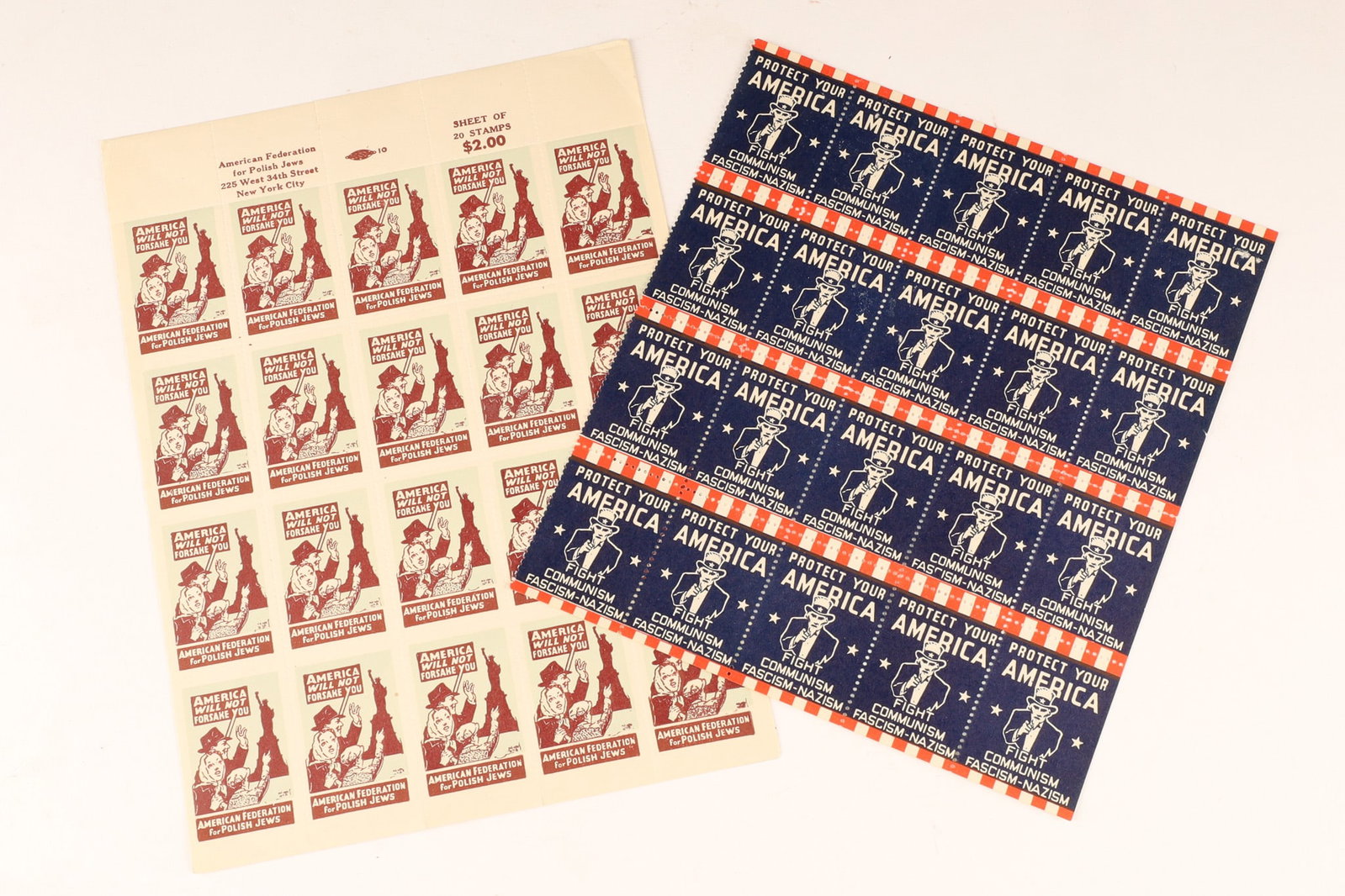 WWII USA Propaganda / Humanitarian Cinderella Poster Stamps: Two vintage sheets of World War II propaganda poster stamps, also classified by collectors as Cinderella stamps because they were not official government-issued postage for mailing letters. Protect Yo