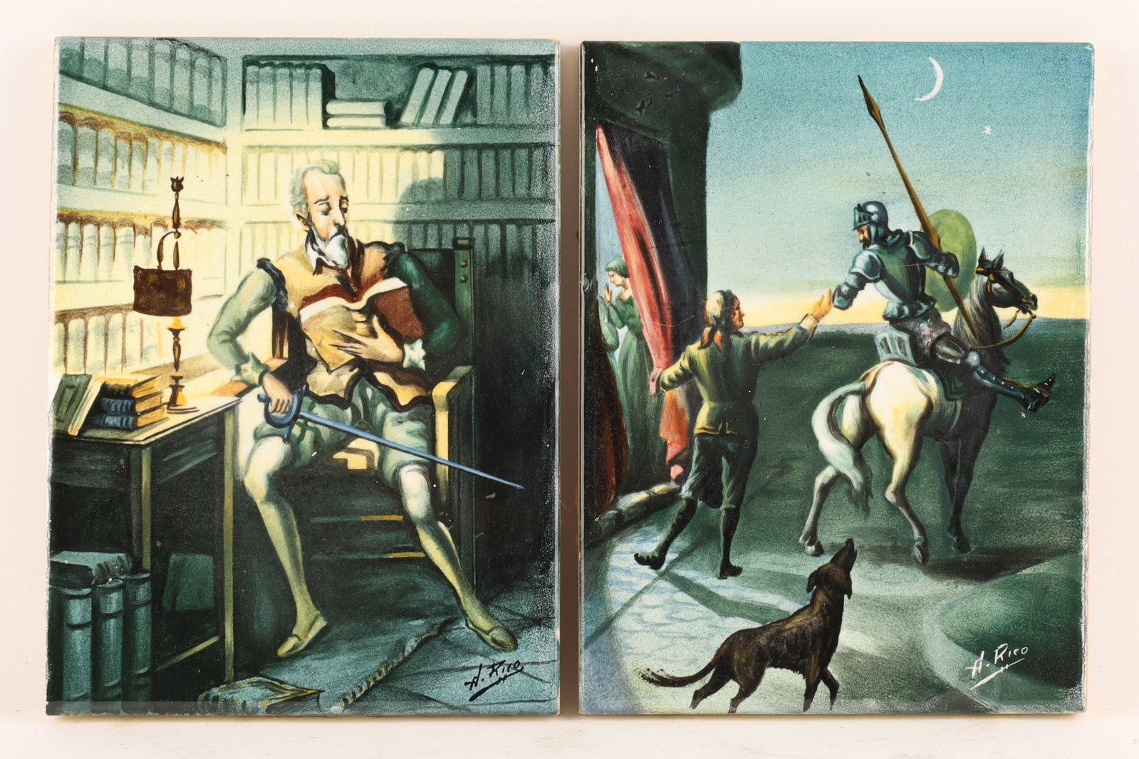 Pair MCM Spanish Majolica Tiles Don Quixote Scenes Signed A. Rico: Pair of Mid Century Spanish Ceramic Tiles Don Quixote Scenes Signed A. Rico. One tile depicts Don Quixote in his library, the other Don Quixote on his faithful horse, Rocinante. Stamped on reverse, On