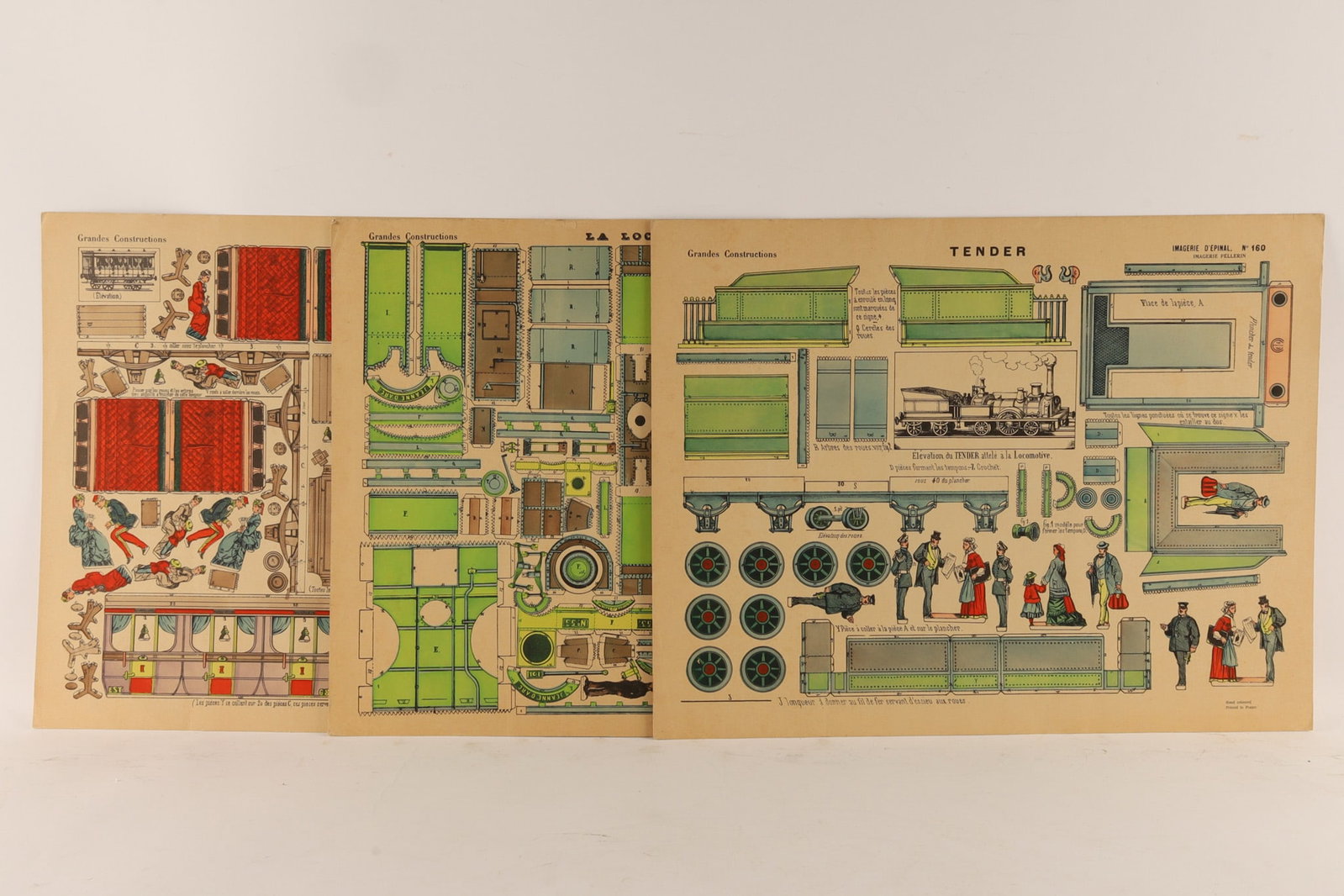 Lot of 3 Antique French Locomotive Model Cutout Toys, Imagerie Pellerin c. 1890 (1 of 8)
