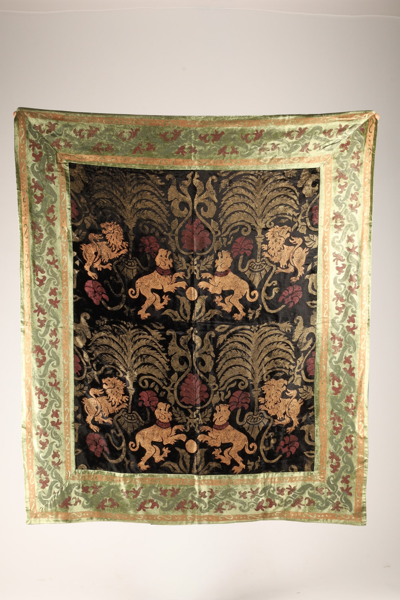 Italian Fortuny Styled Emma Gaggio Venetian Painted Faux Tapestry: Emma Giggio of Venice, Italy, hand painted Fortuny style faux tapestry wall hanging coverlet with wide velvet border. Measuring 54 x 46 inches.
