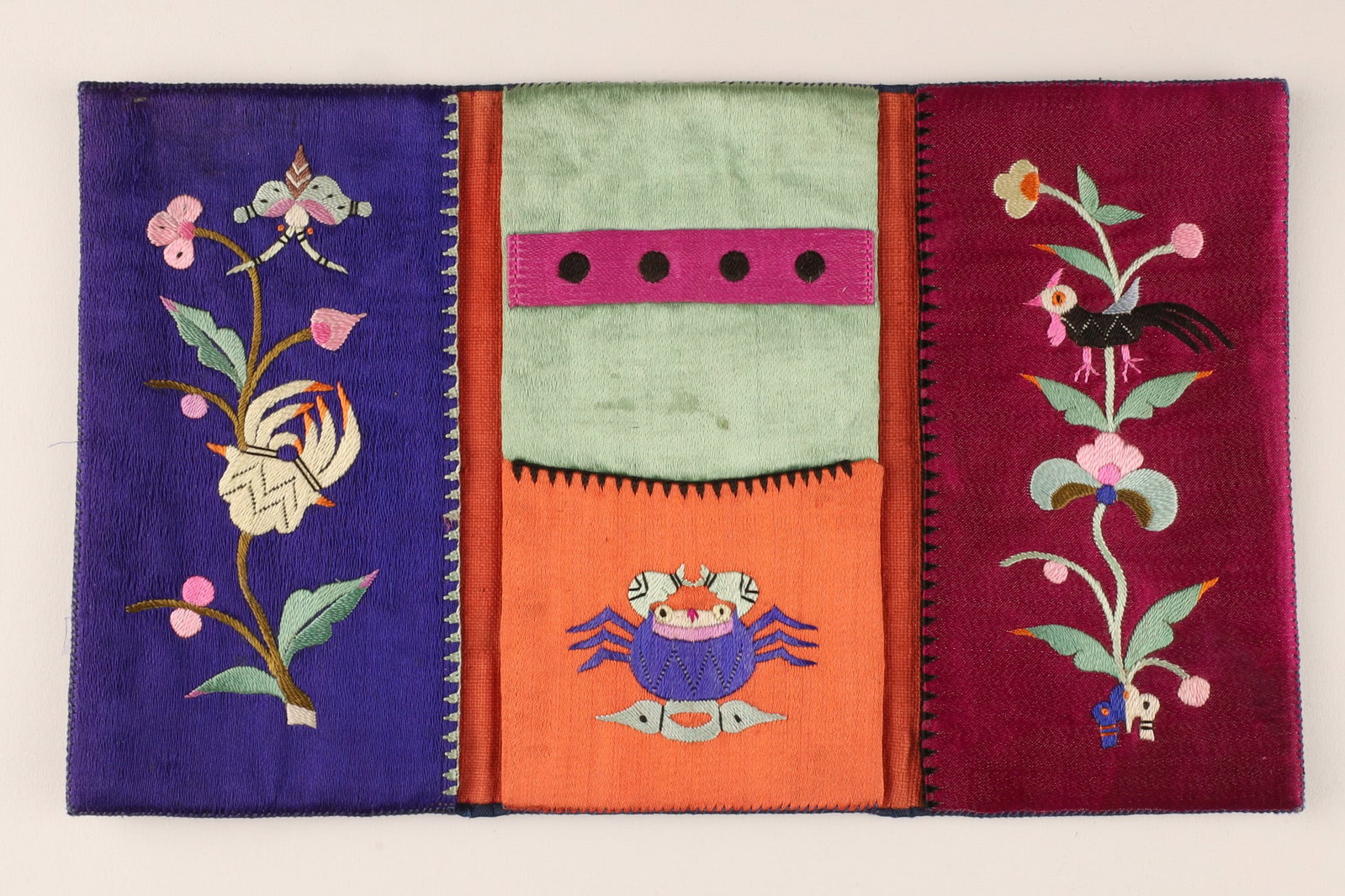 Chinese Antique Small Satin Embroidered Navy Blue Letter Case with Scorpion: THE SIMON CHANG COLLECTION - A Chinese antique small satin three part letter case, the outside in navy blue satin, the inside showing richly embroidered in silk on purple, green, orange and magenta, s