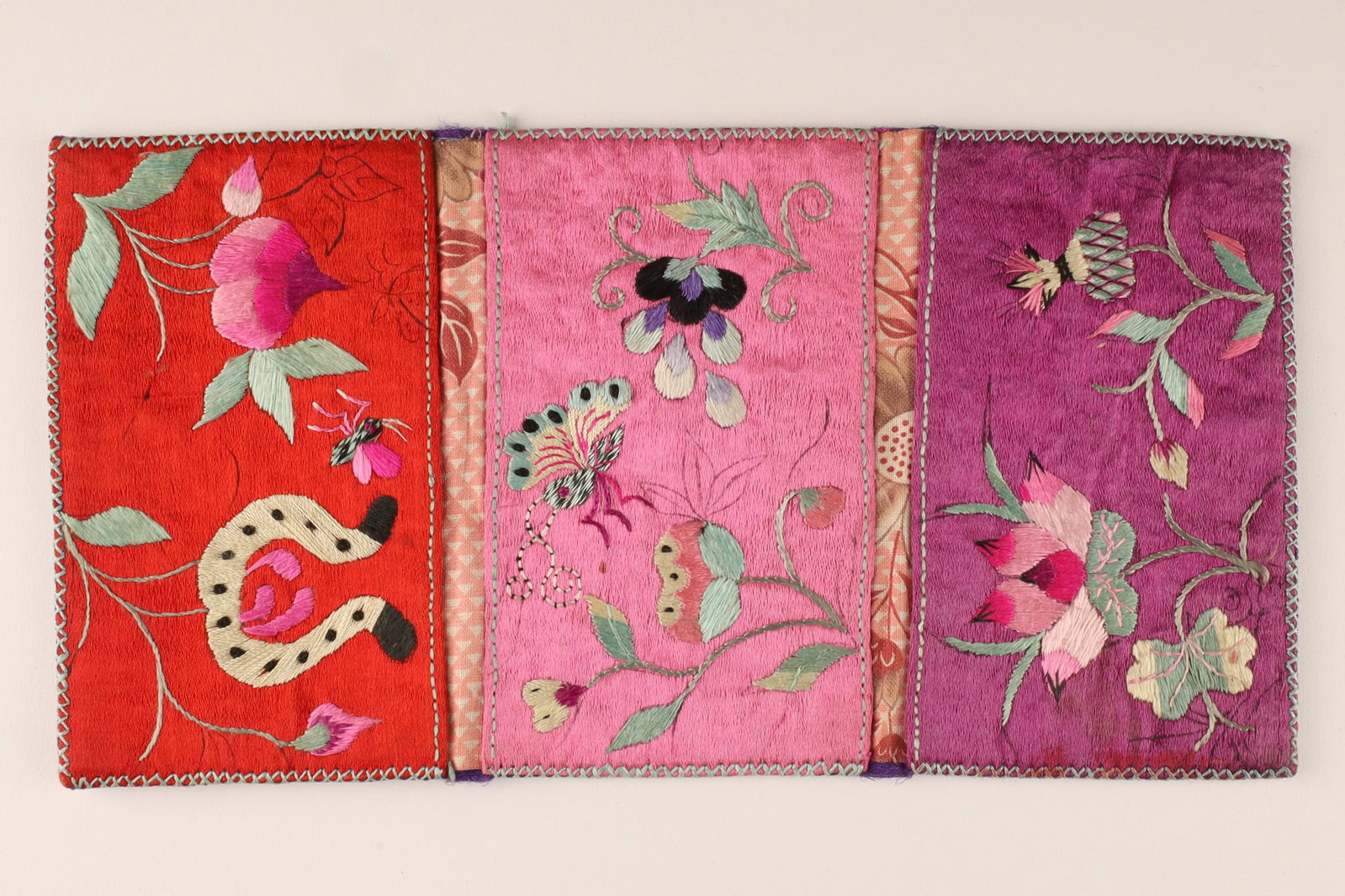 Chinese Antique Small Satin Embroidered Purple Three Part Letter Case (1 of 6)