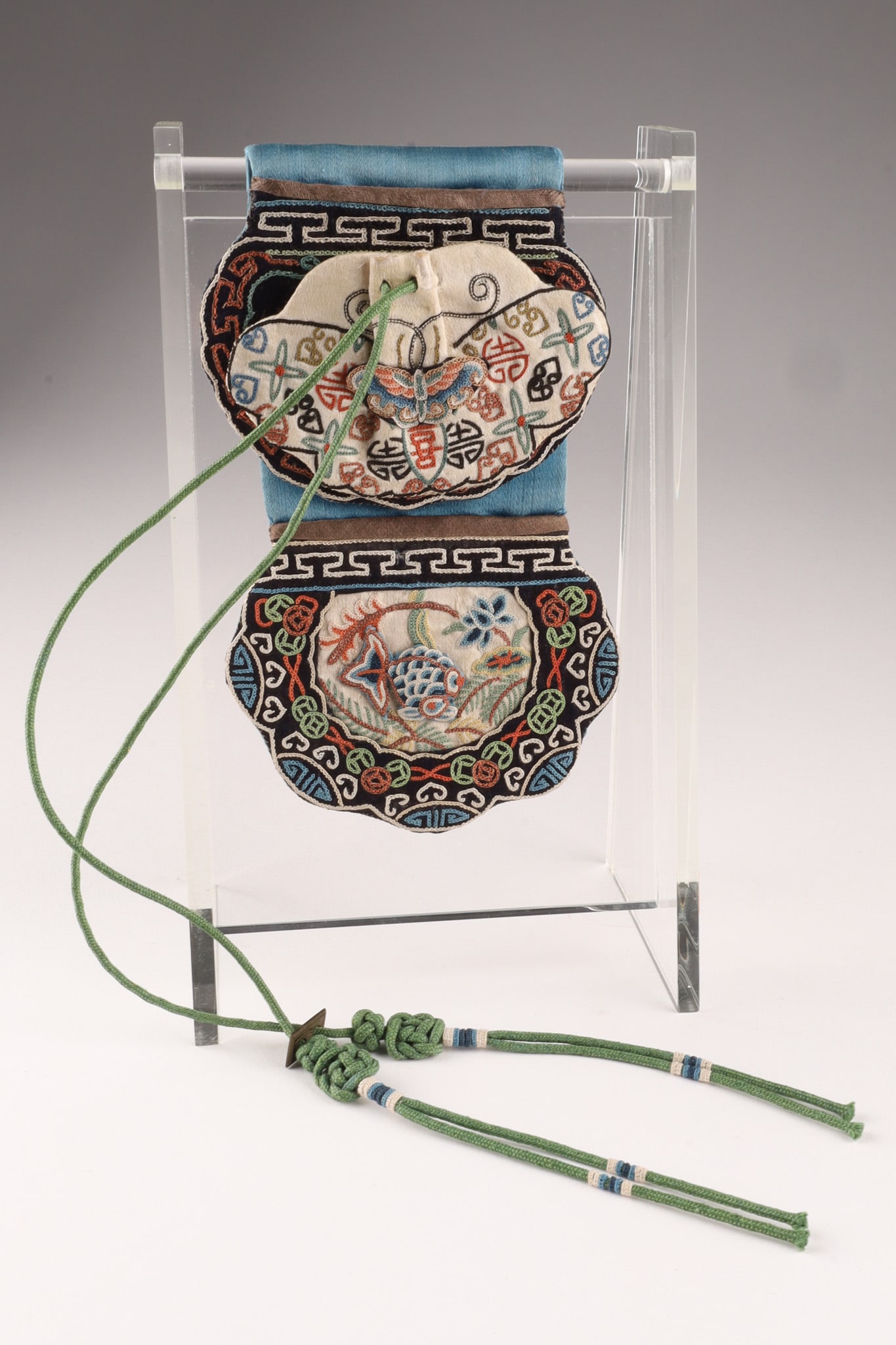 Chinese Antique Da Lian Silk Embroidered Money Purse: THE SIMON CHANG COLLECTION - A Chinese exquisite antique satin da lian purse to hold money and change, with elaborately and intricately hand embroidered needle loop stitch showing symbols and a butter