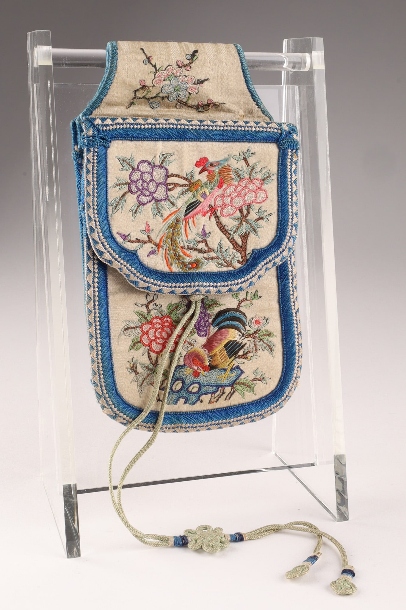 Chinese Antique Finely Embroidered Peking Stitch Girdle Belt Purse: THE SIMON CHANG COLLECTION - A Chinese finely crafted satin girdle purse to hold money and change, with intricately hand embroidered design showing an exotic bird on the upper flap and a rooster on th