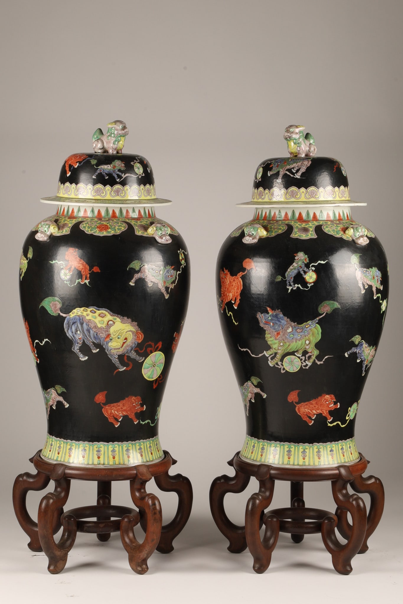 Chinese Monumental Pair Famille Noire Temple Jars with Mythical Creatures (1 of 17)