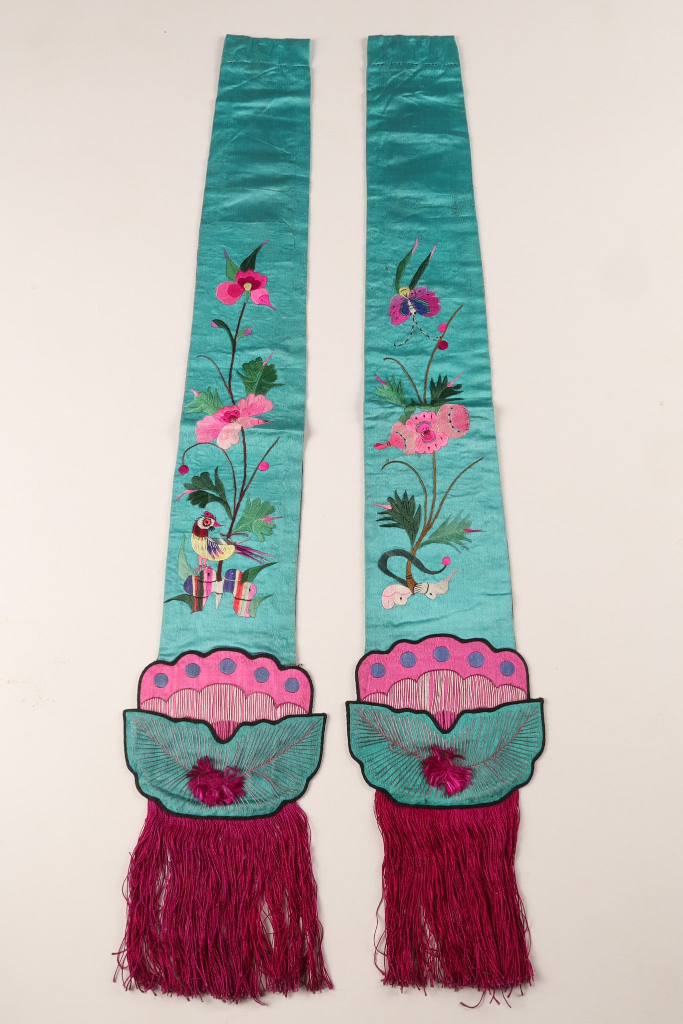 Pair of Chinese Silk Embroidered Turquoise Window Panels Qing Dynasty Insects (1 of 7)