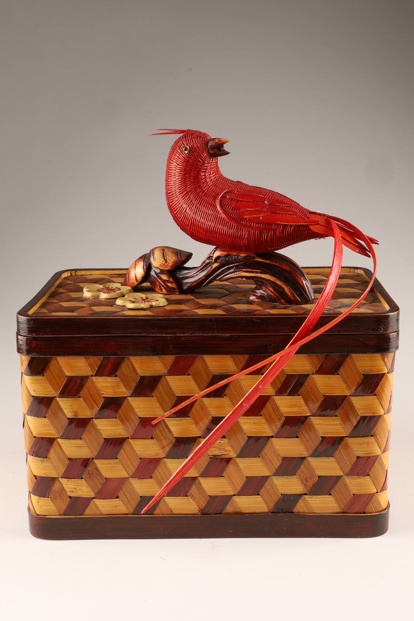Shanghai Weave Bamboo Rattan Box Red Cardinal Lid: THE SIMON CHANG COLLECTION - A rectangular shaped vintage Chinese handmade woven Shanghai weave rattan and bamboo box with wood rims, the top with an intricately woven red cardinal bird sitting on the