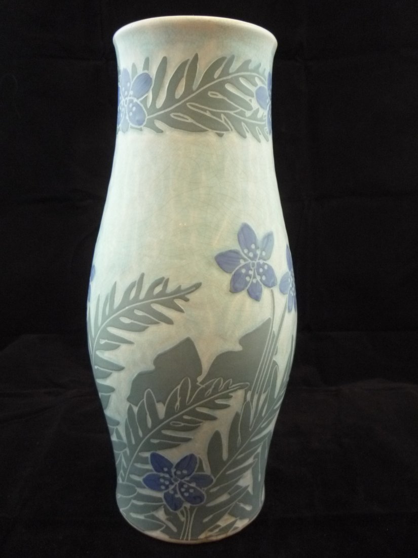 Josef Ekberg Gustavsberg Studio 1911 Art Pottery Vase: Josef Ekberg Gustavsberg Studio 1911 Art Pottery Vase. Small crack at the base. 10.5"h x 5"w