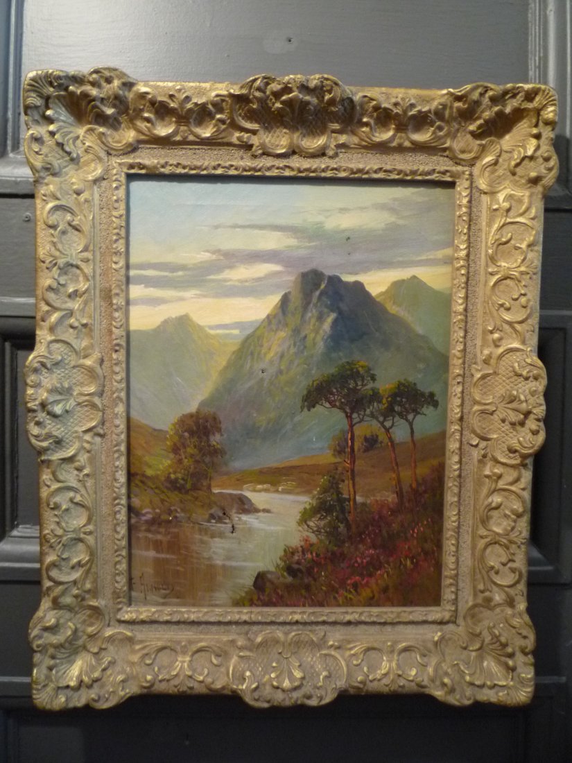 F. Arnold Landscape: Oil on canvas.12”w x 16”h (without frame) 18”w x 22”h (in frame). Canvas has three holes in it (see photos)