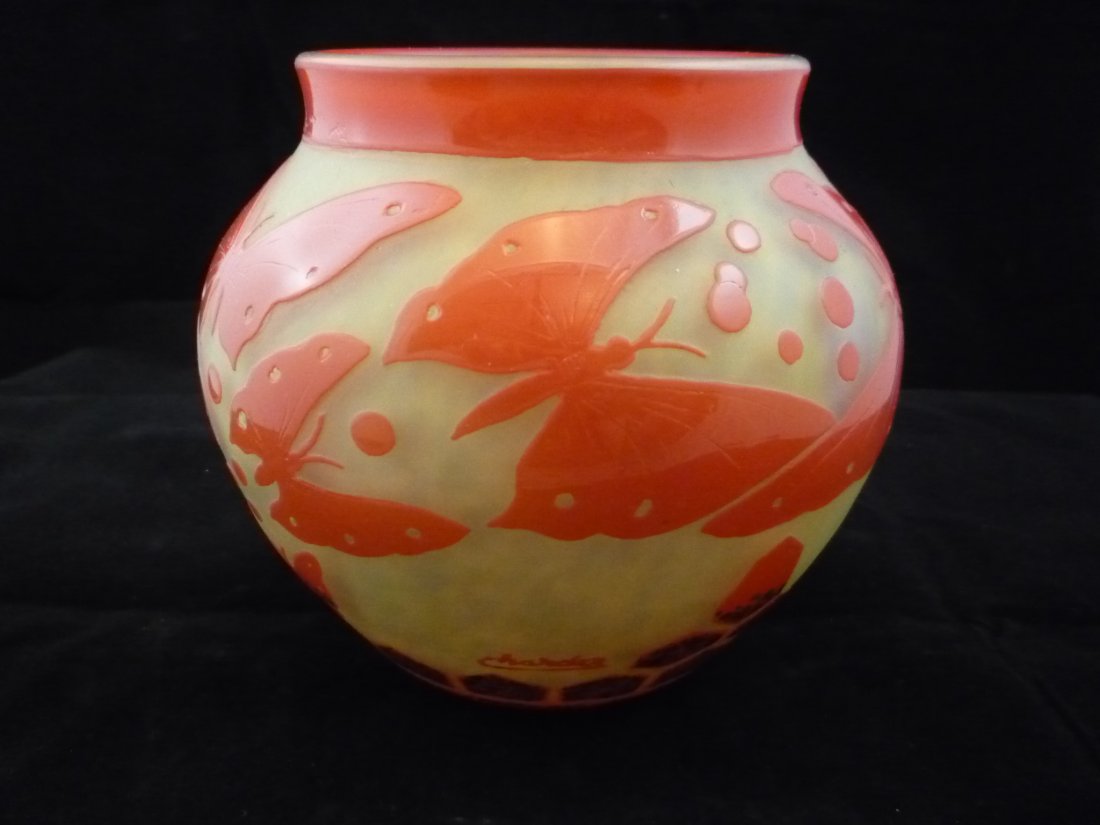 Charder Cameo Glass Vase: Charder Cameo Glass Vase. Butterfly pattern. 4 3/4"h x 4 3/4"w.