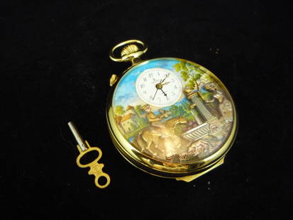 Charles Reuge "The Fountain" Automaton Pocket Watch: Charles Reuge "The Fountain" Automaton Musical Pocket Watch. Non-original Key included. Engraved "Reuge a Sainte-Croix". 17 Jewels. Swiss made goldplated 10 microns.