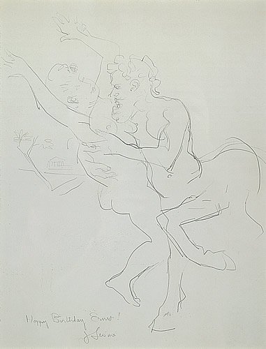 Jack Levine WPA Drawing American: Jack Levine. (b.1915). American. Satyr and Woman. Pencil on paper. 13 1/4 x 10 1/4 in. Inscribed and signed by artist lower center: "Happy Birthday Ernst! J. Levine". This important WPA artist develop