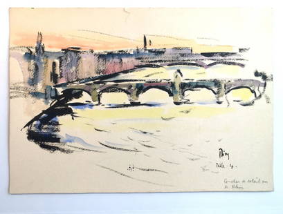 HENRY BING: Two watercolors: "Swiss Lakes & Landscapes" and "City of Basel, Sunset on the Rhine", both studies for "Le Lac" Includes annotation and backing addressed to Madame S. Bing, the French actress