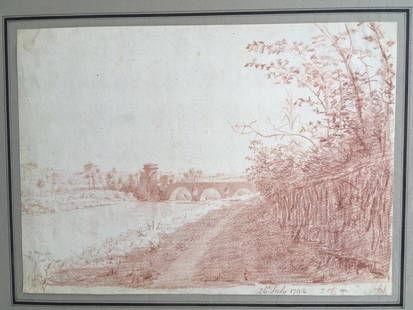 OLD MASTER DRAWING 18th CENTURY: Red chalk on paper. Circled Anchor with reverse "B" watermark. Annotated and dated "July 26, 1792." Annotations and initials illegible or unknown. 10.5" x 8" (See Jacob Wilhelm Mechau, 1792 etching