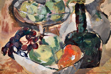 William Meyerowitz (American 1887 - 1981): Still Life Oil on artist board c. 1947 Signed lower right. 14 5/8''' x 19 15/16'' (Schneider & Co Artist Board: 125 W 68th Street, NYC, c.1939 - 1949). Prov.: Kimballs Auction, Amherst Mass. 2010.