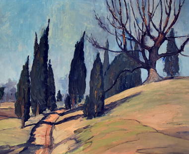 Carl Ringius (American 1879 - 1950): "Cathedral Hill". Oil on canvas. Signed lower right. 20'' x 24'' Provenance: Salmagundi Club, NYC Exhibition label on verso.