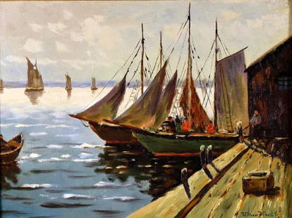 C. Hjalmar "Cappy" Amundsen (American 1911 - 2001): "815 A Calais (France) Pier" Oil on artist board. 12'' x 16'' (17 1/2'' x 21 1/2'' frame)Signed bottom right and verso "William Ward, Jr." alias of C. Hjalmar "Cappy" Amundsen" with typical "Cappy" Co