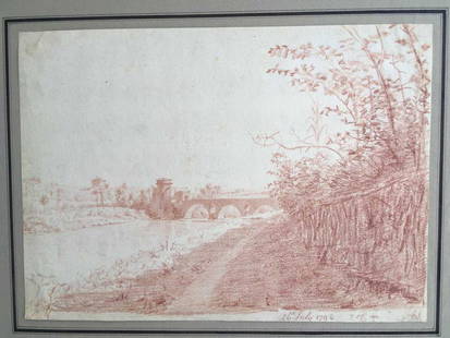 Jacob Wilhelm Mechau attrib. (German 1745 - 1808): Red chalk on paper.Annotated and dated "July 26, 1792." 10.5" x 8" (See Jacob Wilhelm Mechau, 1792 etching Ponte Molle for similarity to this drawing and Mahlerisch-Radirte Prospecte von Italien for o