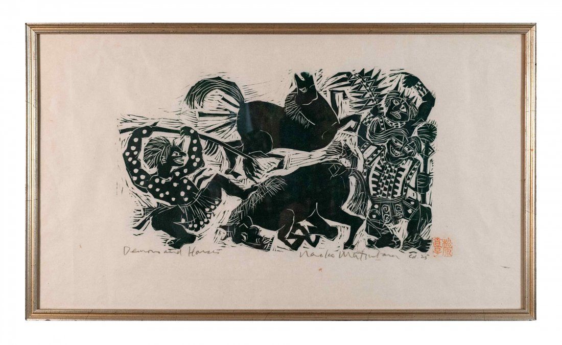 Matsubara Naoko & Shiko Munakata (Japanese): "Demons & Horses". Woodblock print. Signed, titled and dated. From the scarce edition of 25. Framed. Provenance: New Haven Connecticut Estate and together with: SHIKO MUNAKATA (Japanese 1903 - 1975) W