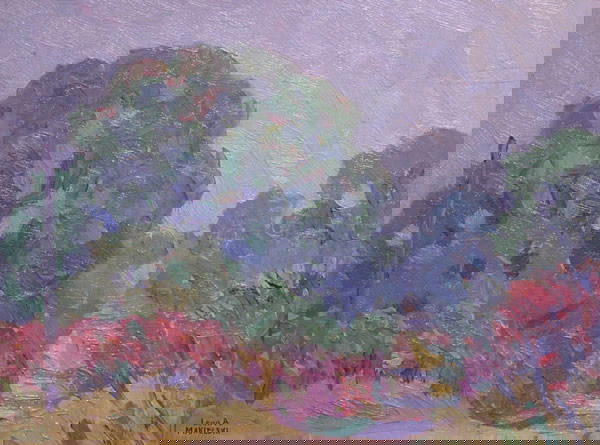 Makielski Painting Indiana Hoosier South Bend: Leon A. Makielski (1885-1974) American. Path Along the St. Joe River, South Bend, Indiana. Oil on board. 9 x 12 in. Signed lower right and on verso by artist. Provenance: D. Wigmore Fine Art, New York