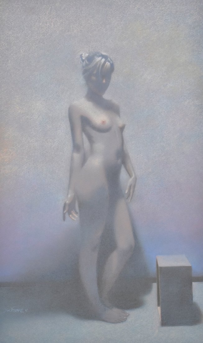 Female Nude (20th Century - Korean?): 'Female Nude with Box'. Pastel and chalk mounted on board. 10 x 16 1/4 in. Signature "D.J. Son?" or "Sone" or some other variant. Possibly Korean. This is an exceptionally accomplished and elaborately