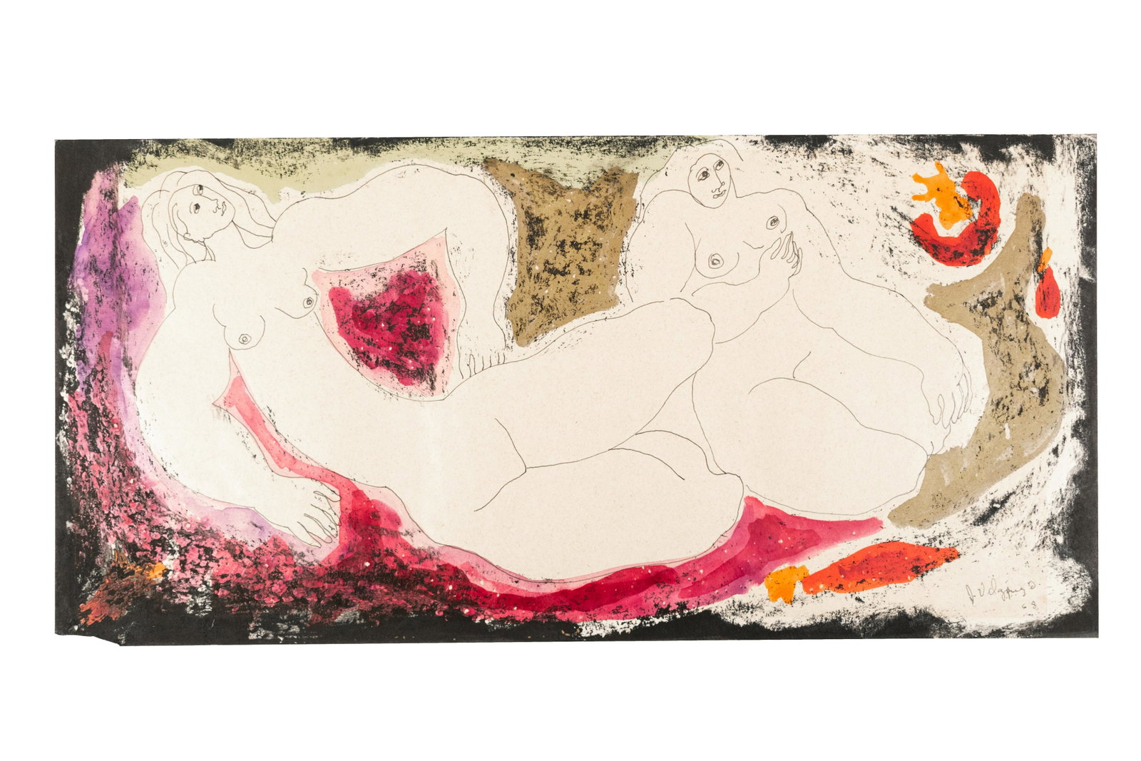 Juan Ramon Velazquez (Puerto Rican, Born 1950): Two artworks: 'Modernist Nudes' 1968. Monoprint and gouache on paper. 8 1/2 x 17 in.; together with an unattributed and accomplished mid-century Latin American monoprint and gouache on paper. Signed a