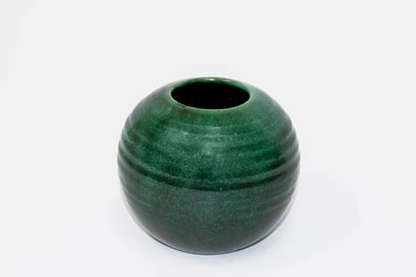 Pieter Groeneveldt (Dutch 1889 - 1982): 'Globe' Bud vase. Stamp on bottom. Circa 1927-45. 3 1/2" H x 4" D. Dark green glazed body transitioning to black at base.