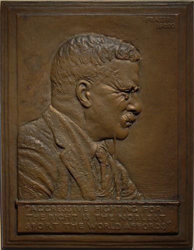 James Earle Fraser Bronze Roosevelt American: James Earle Fraser (1876-1953) American. President Theodore Roosevelt (1920). Bas-relief mixed-metal plaque. 12.7 x 10 in. Signed in cast, upper right: "Fraser 19©20" Original label on verso: "Decora