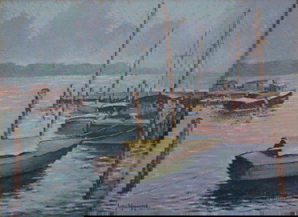 Guy Wiggins Painting American Essex CT: Guy Carleton Wiggins. N.A (1883-1962) American. The Dauntless Yard, Essex (CT). Oil on artist board. 12 x 16 in. Signed and dated lower left: Guy Wiggins 1936. Signed and titled on verso in artist's h