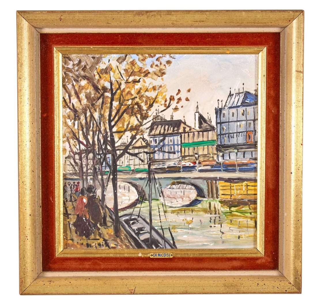 Charles Nicoise (French, 1878 - 1954): 'Seine, Paris'. Oil on ceramic tile. Signed lower left 10 1/2 x 10 1/2 inches. (overall).