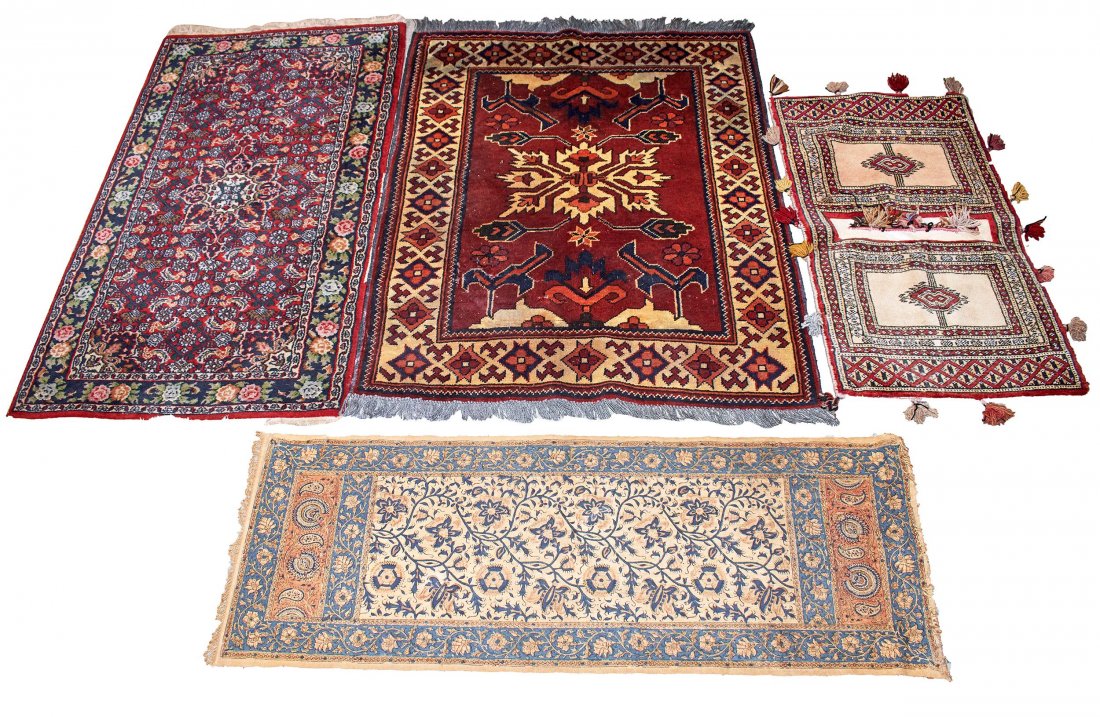 Vintage Textiles: Rug, wall hanging Iran (Persia), saddle bag. (Four items) 44 1/2 x 35 inches (largest)