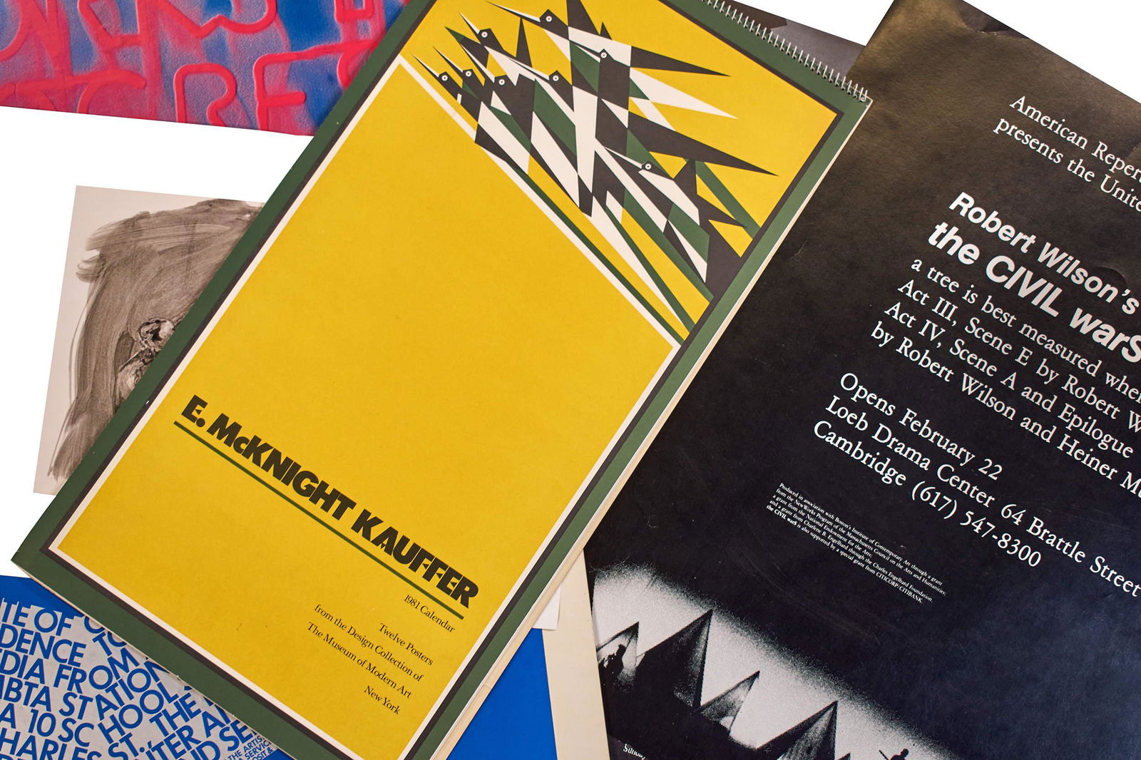 Contemporary Artist Ephemera (20th Century): Six (6) items total: Robert Wilson poster; Edward Kauffer Calendar, 1981 Moma; and four other items of art ephemra.