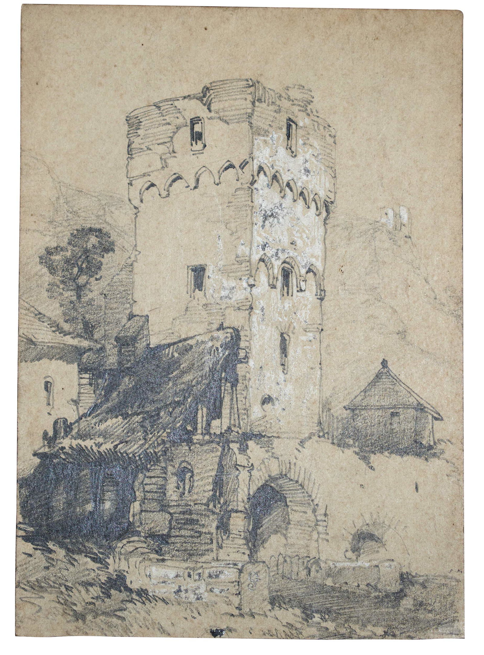 European School Drawing (19th - 20th Century): Pencil and chalk on paper. 7 1/2 x 5 1/4 inches. Initialed "G.S." on the gravestone in the image, which may be the artist's monogram.