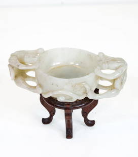 Chinese Jade Censer (Antique): Exceptional and intricate carving. 4 3/4 L x 1 1/4 H x 2 3/4 W inches (censer). Old hardwood stand. Provenance: Maude Eells Collection (acquired early 1900's), Cleveland Ohio; by gift and descent,